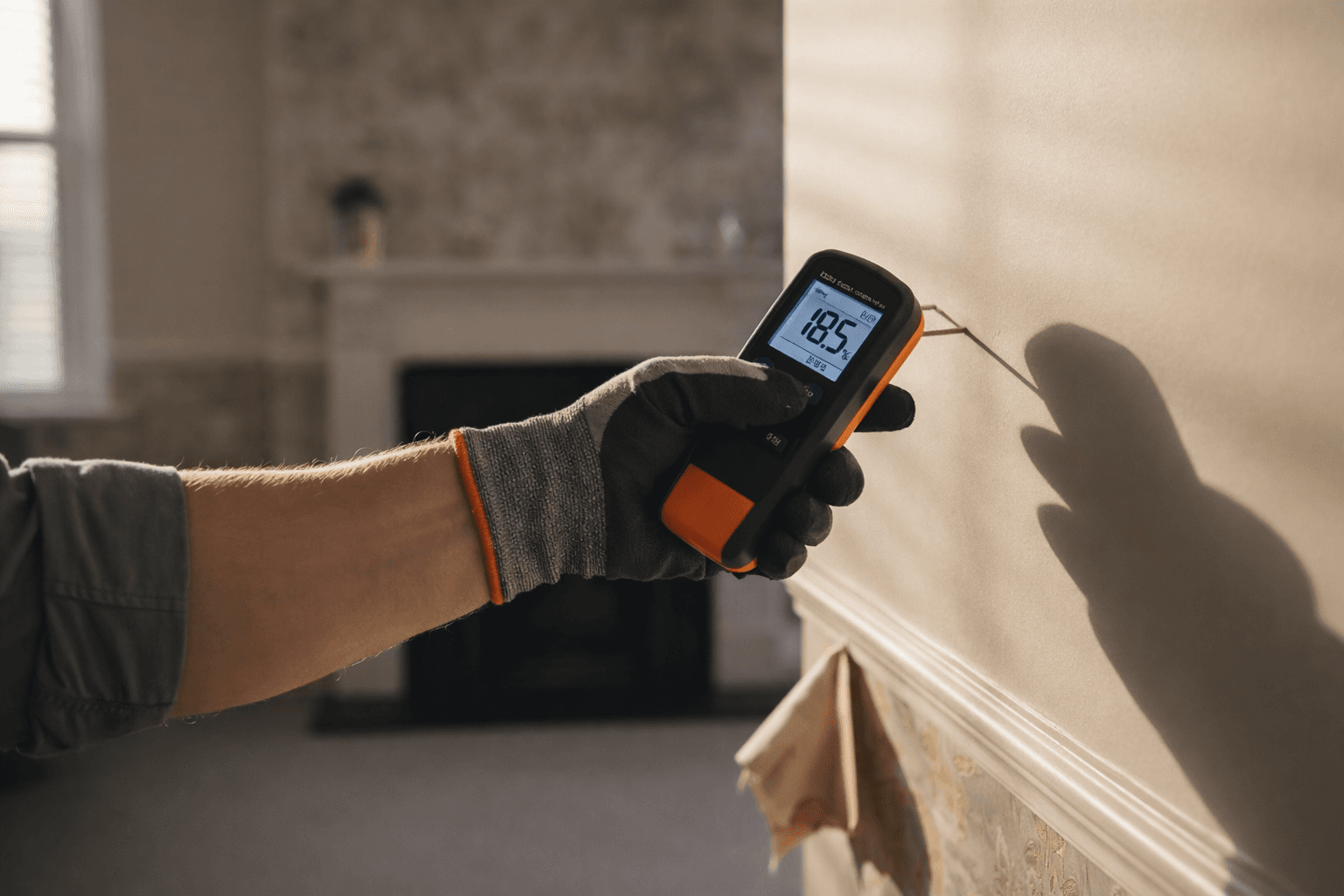 Gloved hand holding a digital moisture meter against a wall, displaying an 18.5% reading.